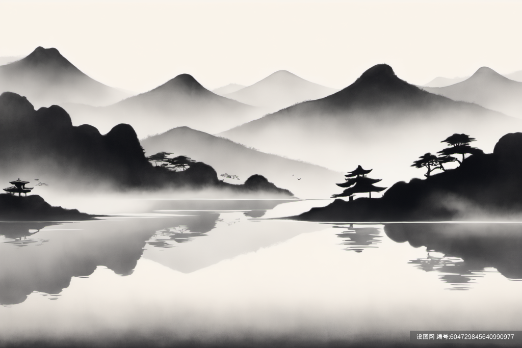云雾缭绕中国风水墨山水画装饰插画png下载_编号604729845640990977-设图网