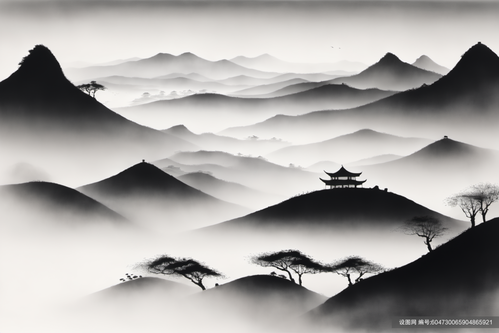 云雾缭绕中国风水墨山水画装饰插画png下载_编号604730065904865921-设图网