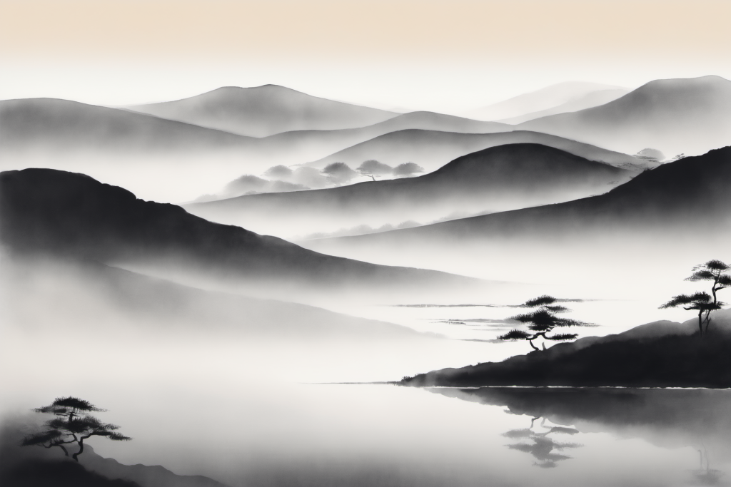 云山缭绕中国风水墨山水画装饰插画