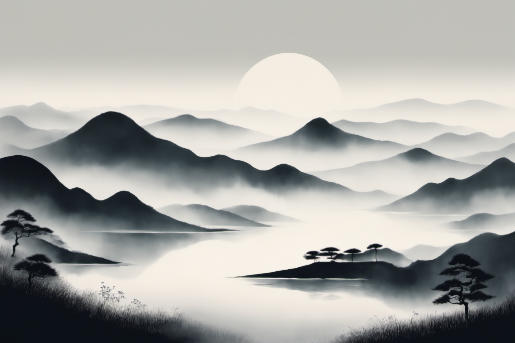 云山缭绕中国风水墨山水画装饰插画