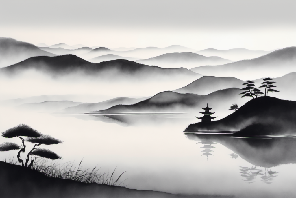 云山缭绕中国风水墨山水画装饰插画