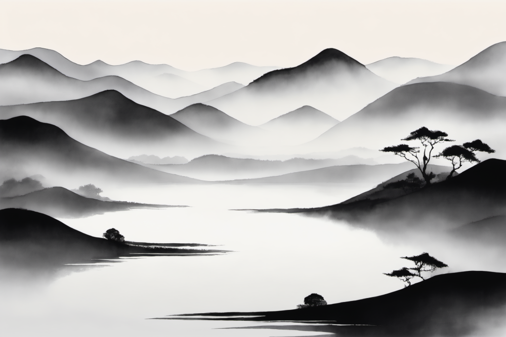 云山缭绕中国风水墨山水画装饰插画