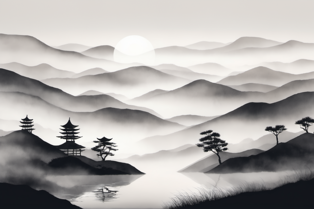 云山缭绕中国风水墨山水画装饰插画