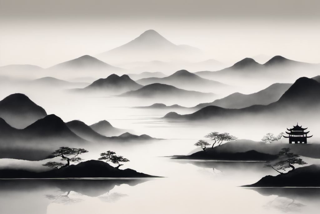 云山缭绕中国风水墨山水画装饰插画