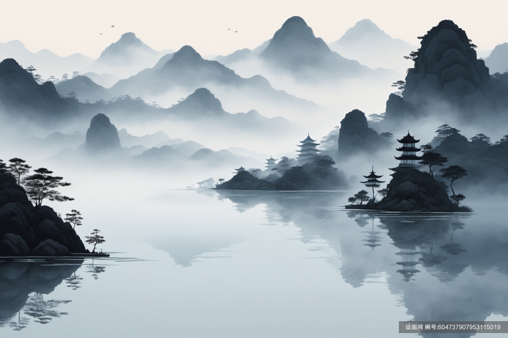 新中式自然中国风水墨山水画装饰插画png下载_编号604737907953115019-设图网