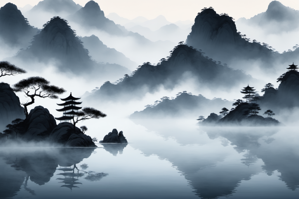 云山缭绕中国风水墨山水画装饰插画png下载_编号604738506710980291-设图网