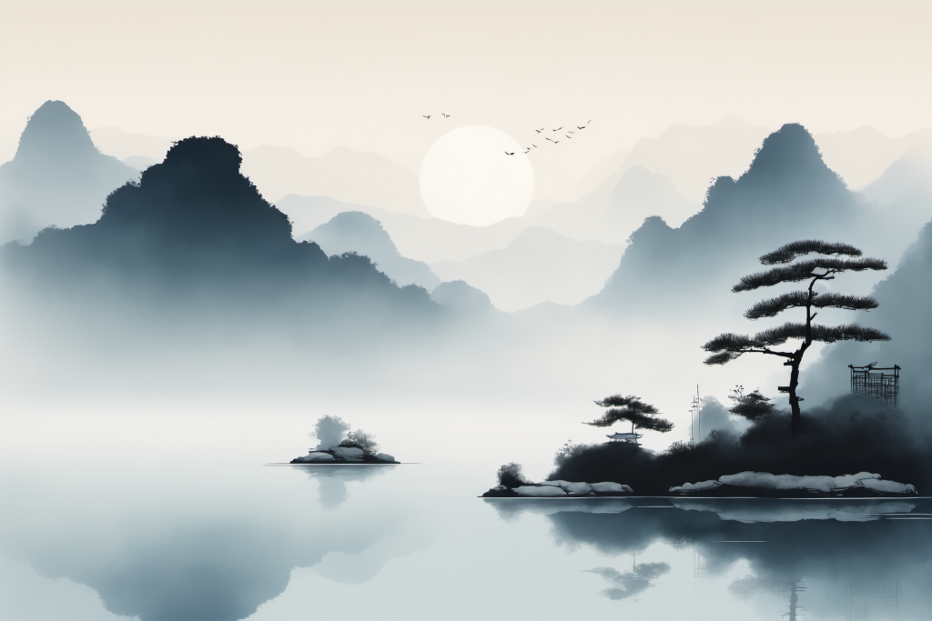 云雾缭绕中国风水墨山水画装饰插画