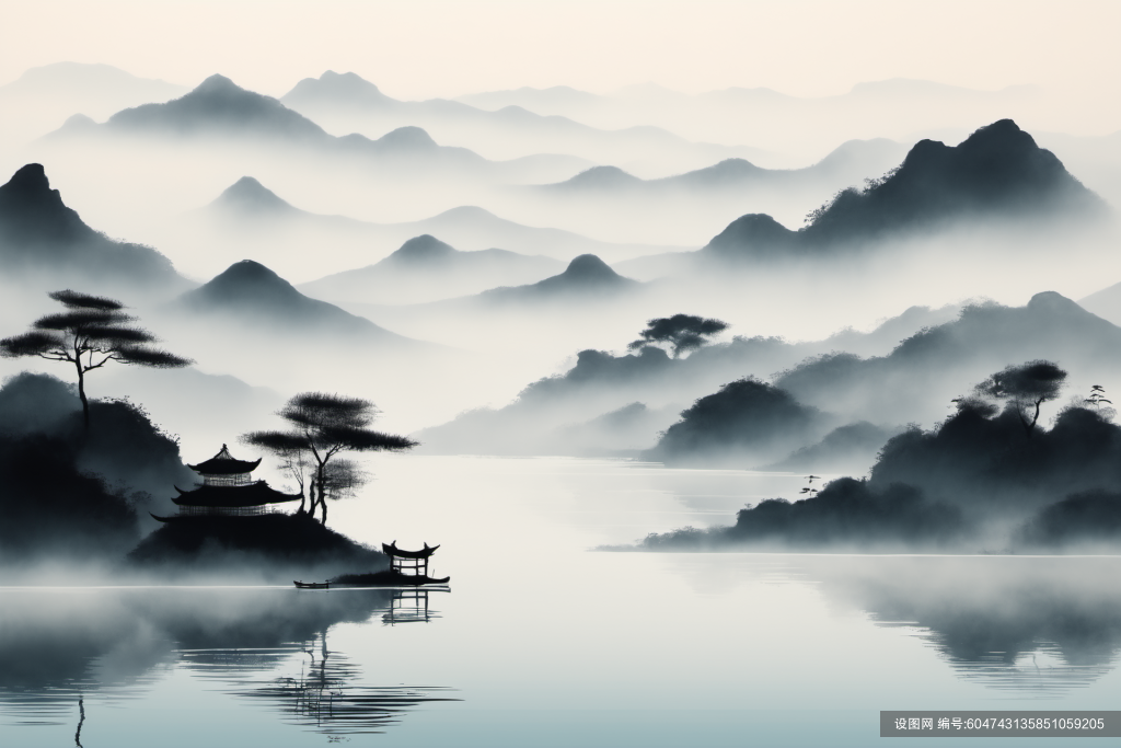 云雾缭绕中国风水墨山水画装饰插画png下载_编号604743135851059205-设图网