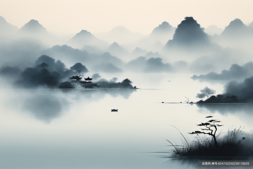 云雾缭绕中国风水墨山水画装饰插画png下载_编号604743250238118625-设图网