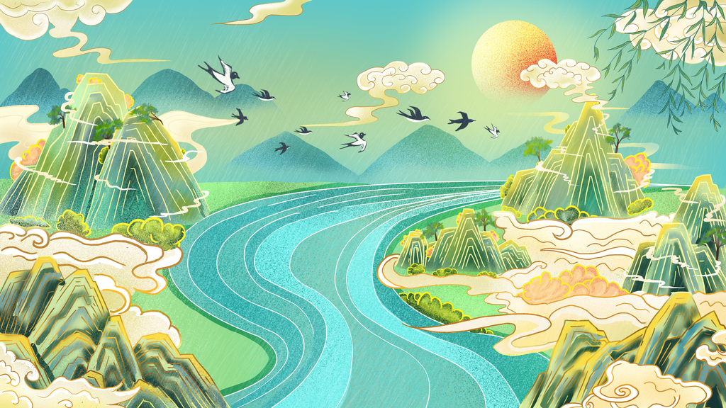 清新素雅中国风绿国潮烫金风景插画psd下载_编号605834725101278906-设图网