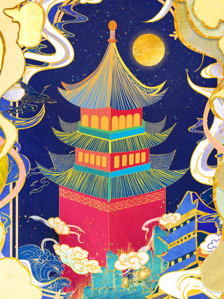 国潮风城市地标建筑插画