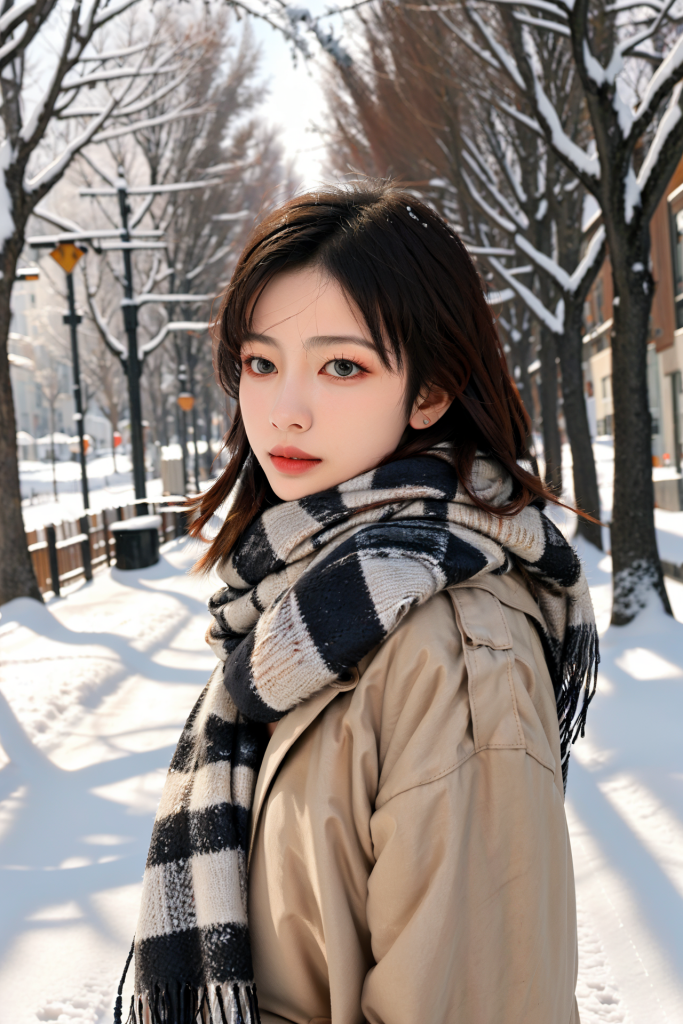 户外冬季背景女性肖像摄影图