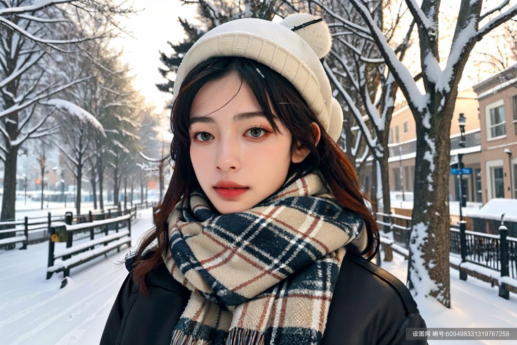 雪地冬季背景女性肖像摄影图