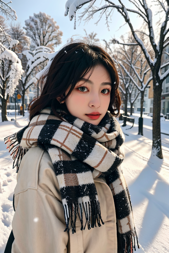 户外冬季背景女性肖像摄影图