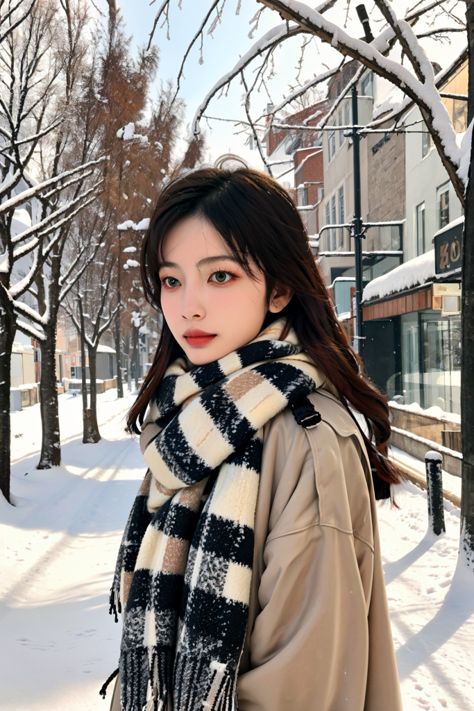 户外冬季背景女性肖像摄影图