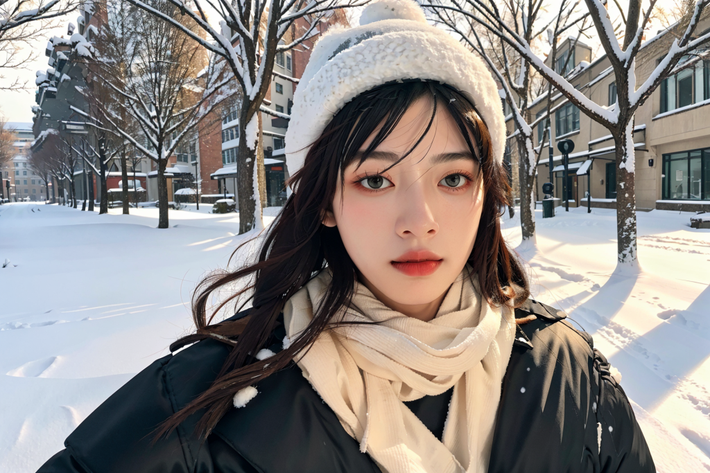 户外冬季背景女性肖像摄影图