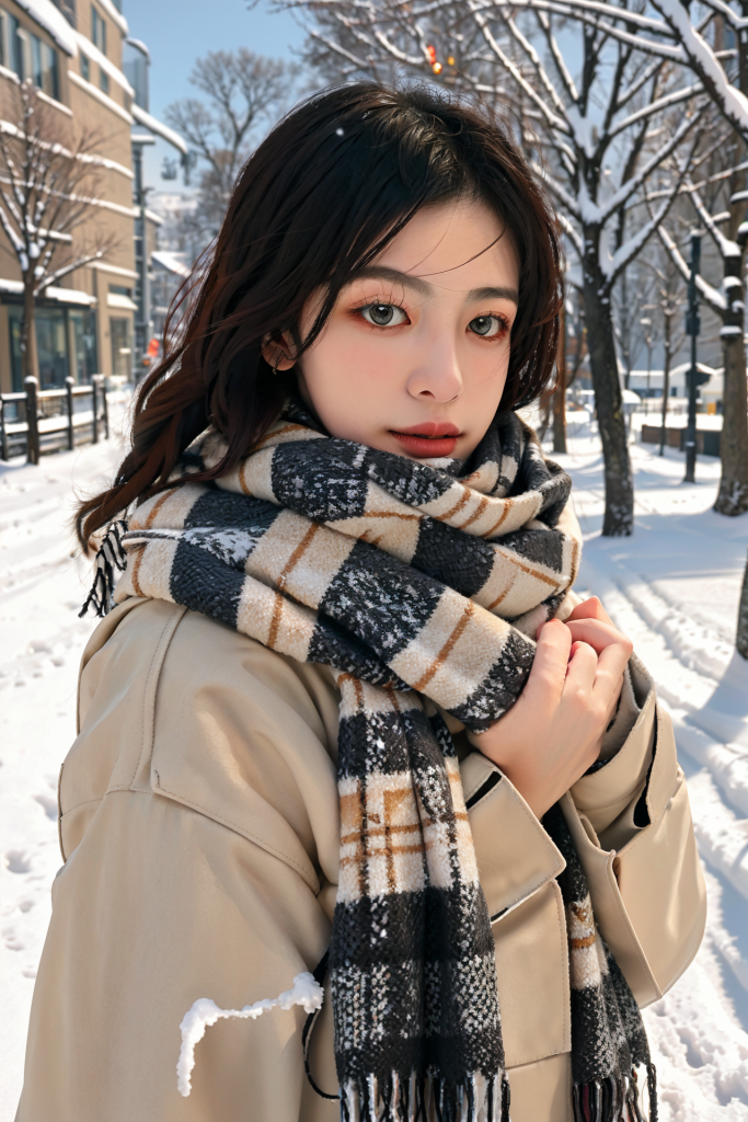 户外冬季背景女性肖像摄影图