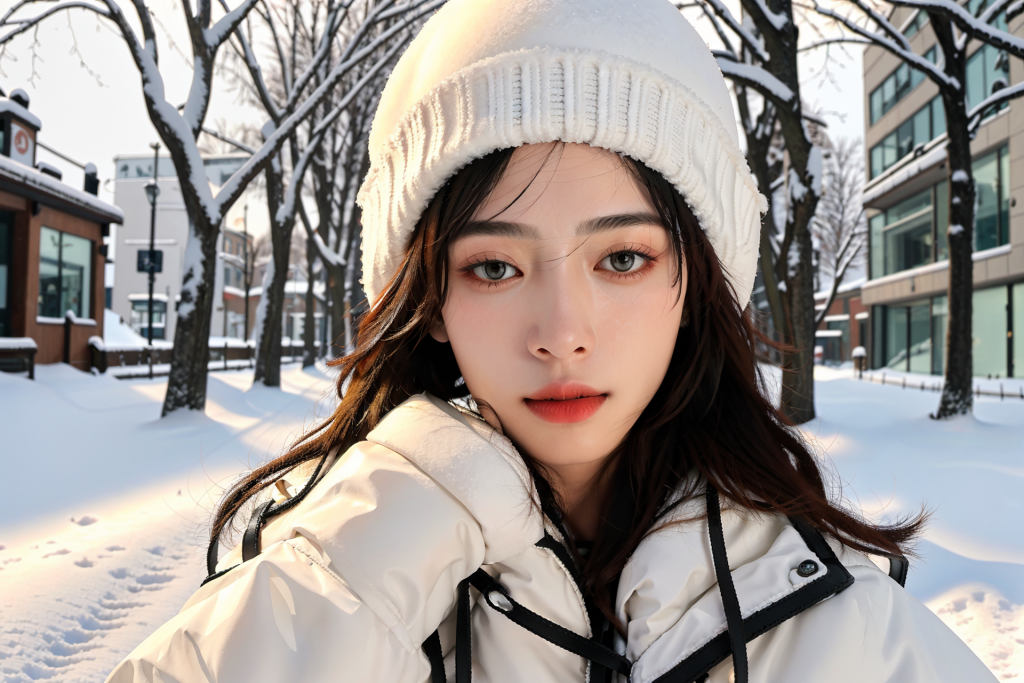 户外冬季背景女性肖像摄影图