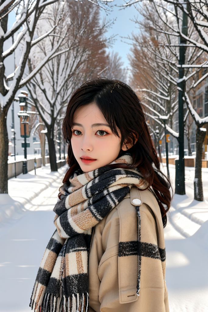 户外冬季背景女性肖像摄影图