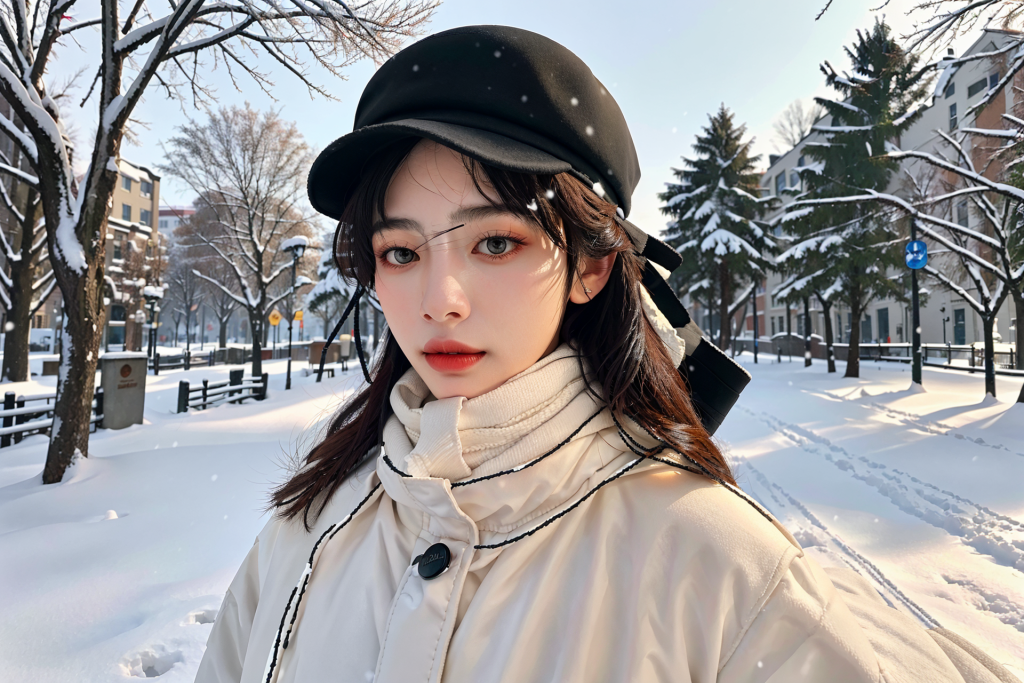 户外冬季背景女性肖像摄影图