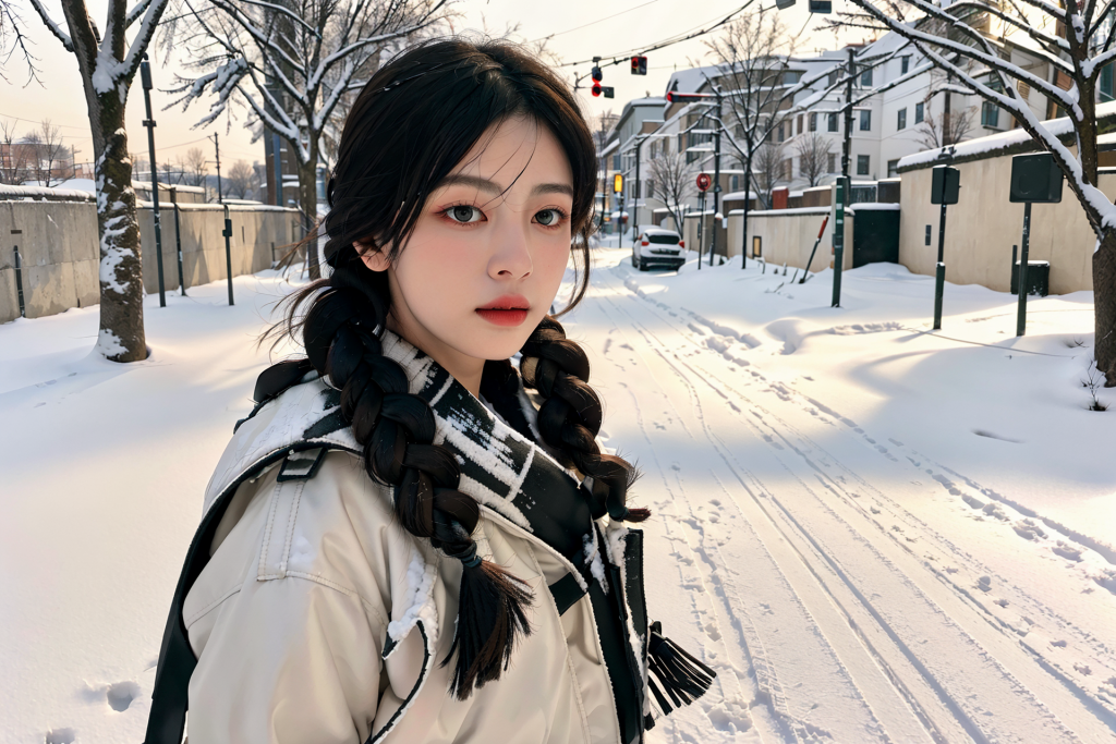 自然雪景冬季背景女性肖像摄影图