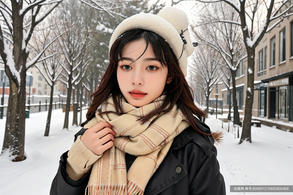 雪季冬季背景女性肖像摄影图