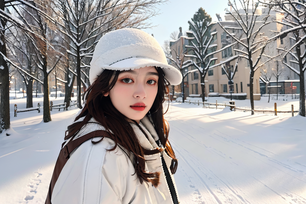 北方冬季背景女性肖像摄影图