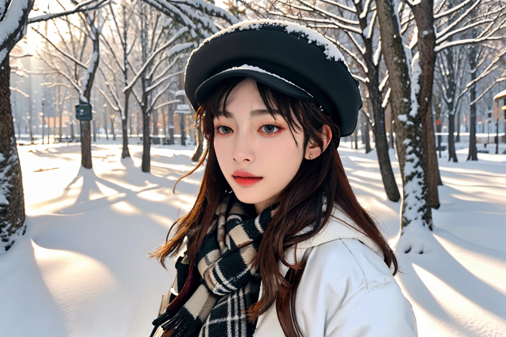 北方冬季背景女性肖像摄影图