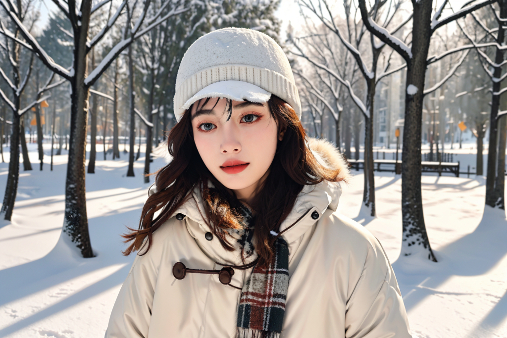 北方冬季背景女性肖像摄影图