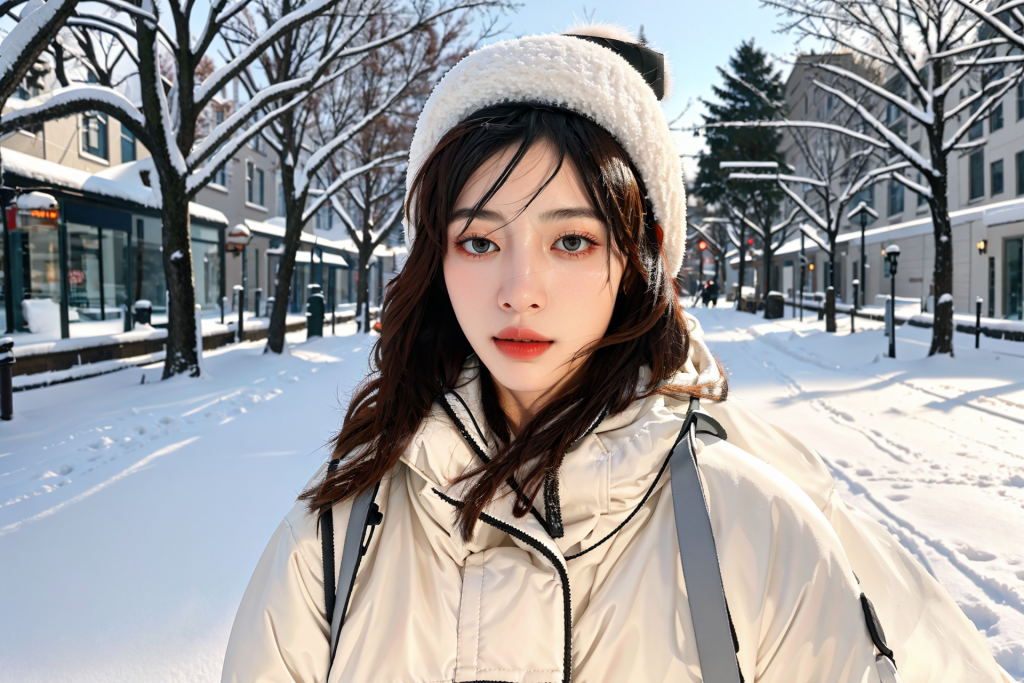 北方冬季背景女性肖像摄影图