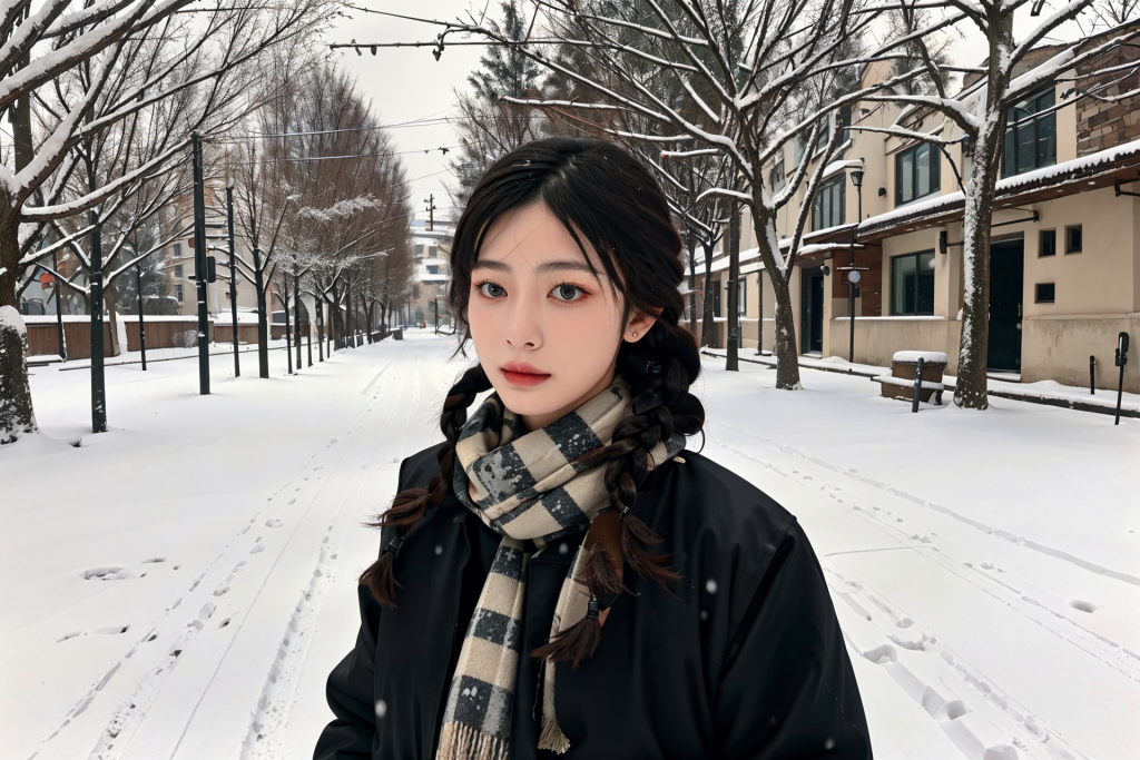 户外冬季背景女性肖像摄影图