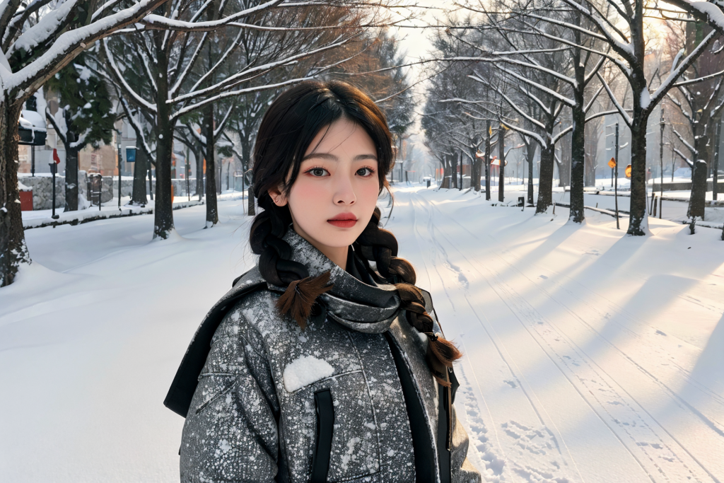 自然冬季背景女性肖像摄影图
