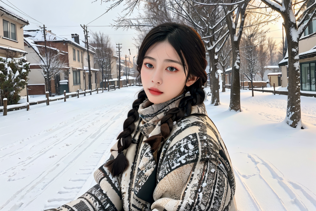 自然冬季背景女性肖像摄影图