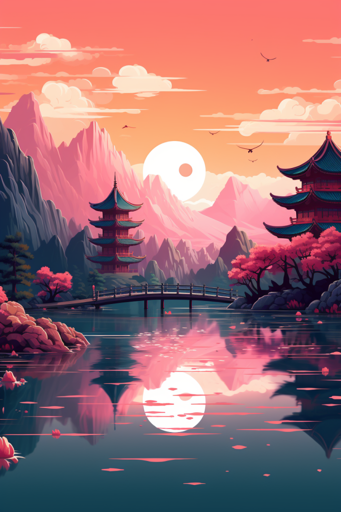 唯美中国风古建筑插画
