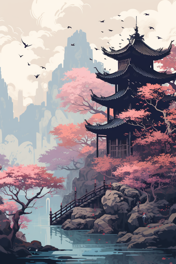 唯美中国风古建筑插画