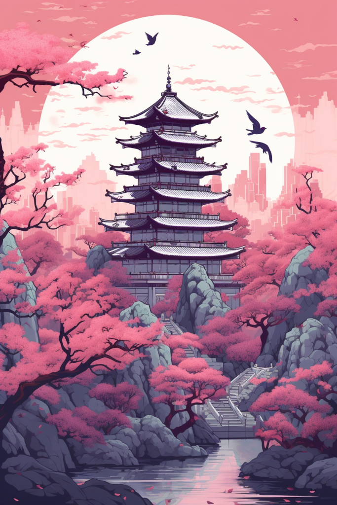 唯美中国风古建筑插画