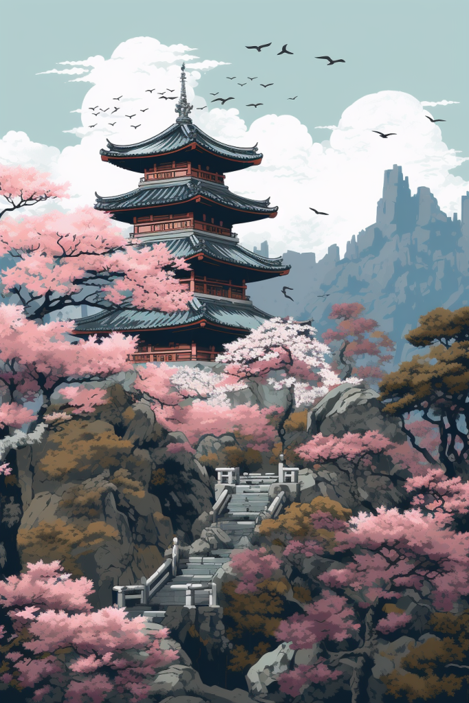 唯美中国风古建筑插画