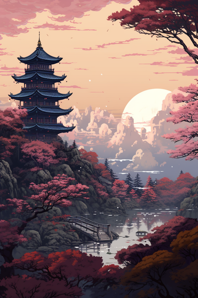 唯美中国风古建筑插画