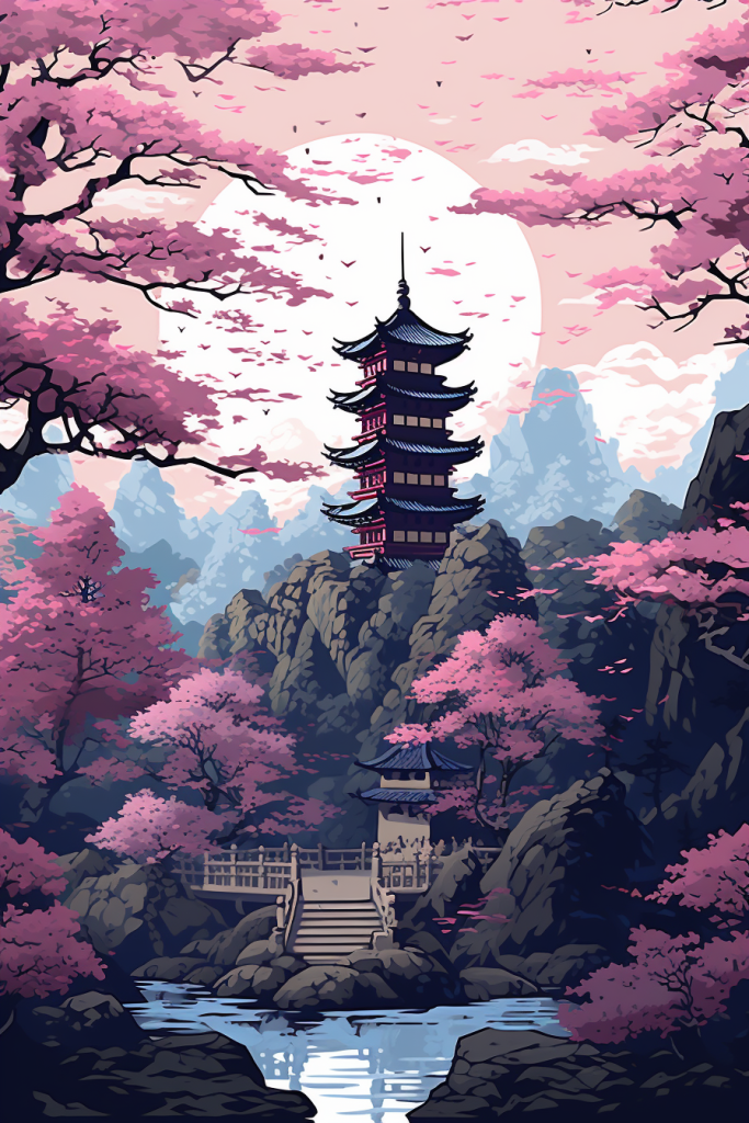 唯美中国风古建筑插画