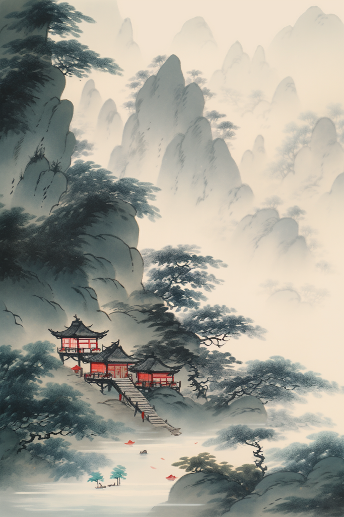 做旧中国风水墨山水插画