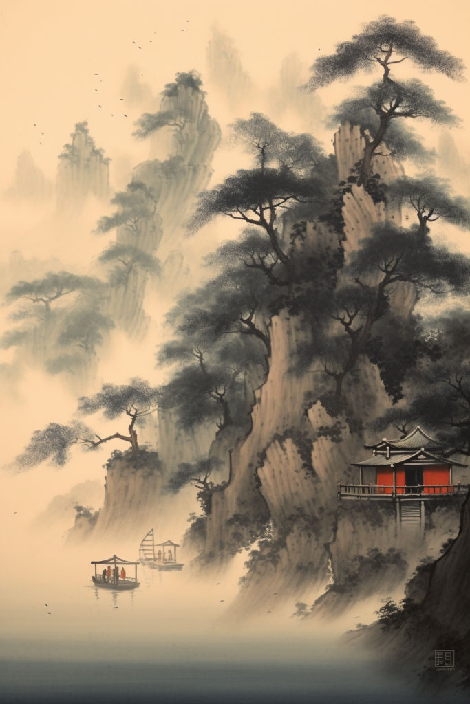 做旧中国风水墨山水插画
