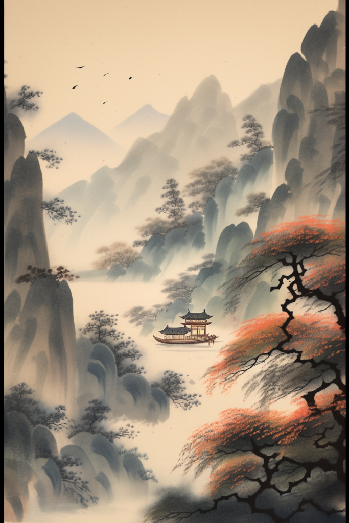 做旧中国风水墨山水插画