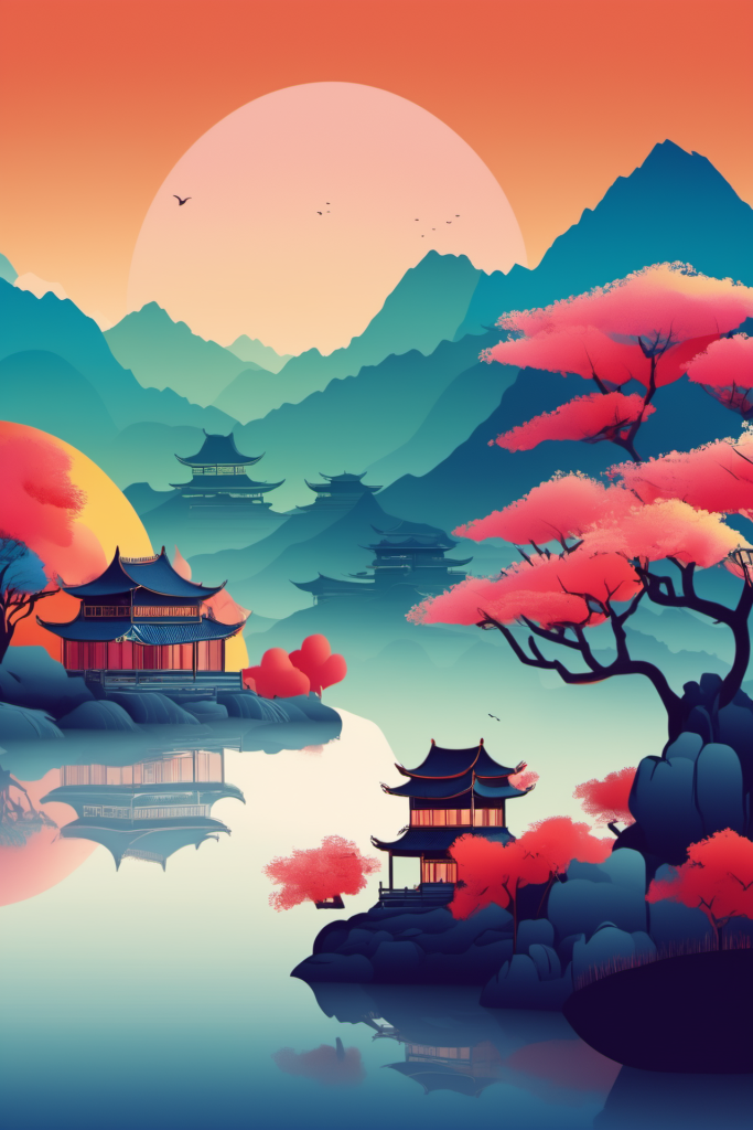 炫彩国潮风扁平山水意境插画