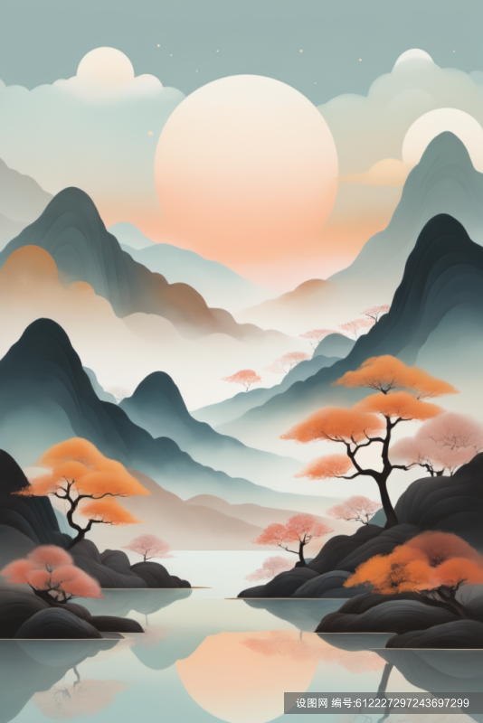 禅意山水扁平山水意境插画png下载_编号612227297243697299-设图网