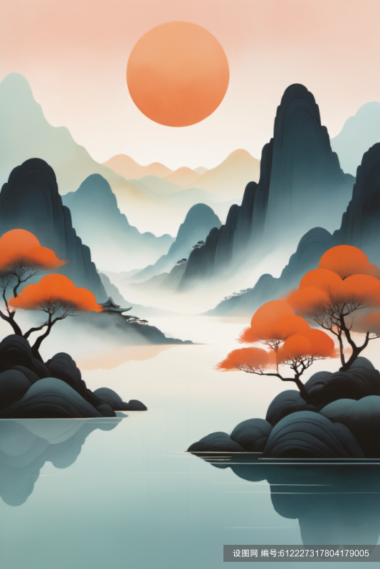 禅意山水扁平山水意境插画png下载_编号612227317804179005-设图网