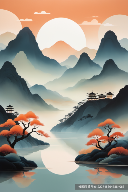 禅意山水扁平山水意境插画png下载_编号612227486645884066-设图网