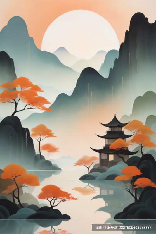 禅意山水扁平山水意境插画png下载_编号612227509693583837-设图网