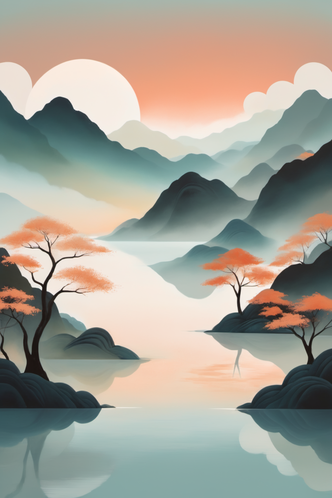 水墨装饰画扁平山水意境插画