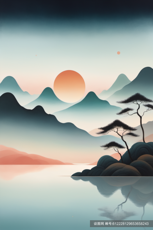 水墨装饰画扁平山水意境插画png下载_编号612228129653658243-设图网