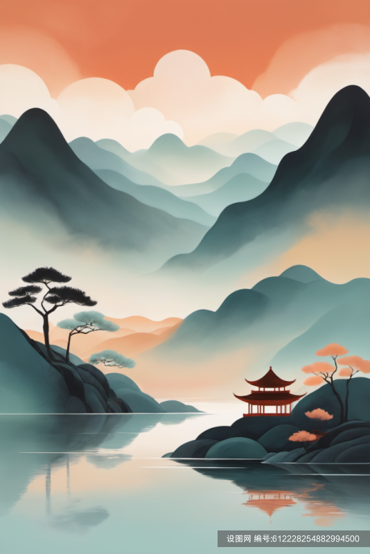 水墨装饰画扁平山水意境插画png下载_编号612228254882994500-设图网
